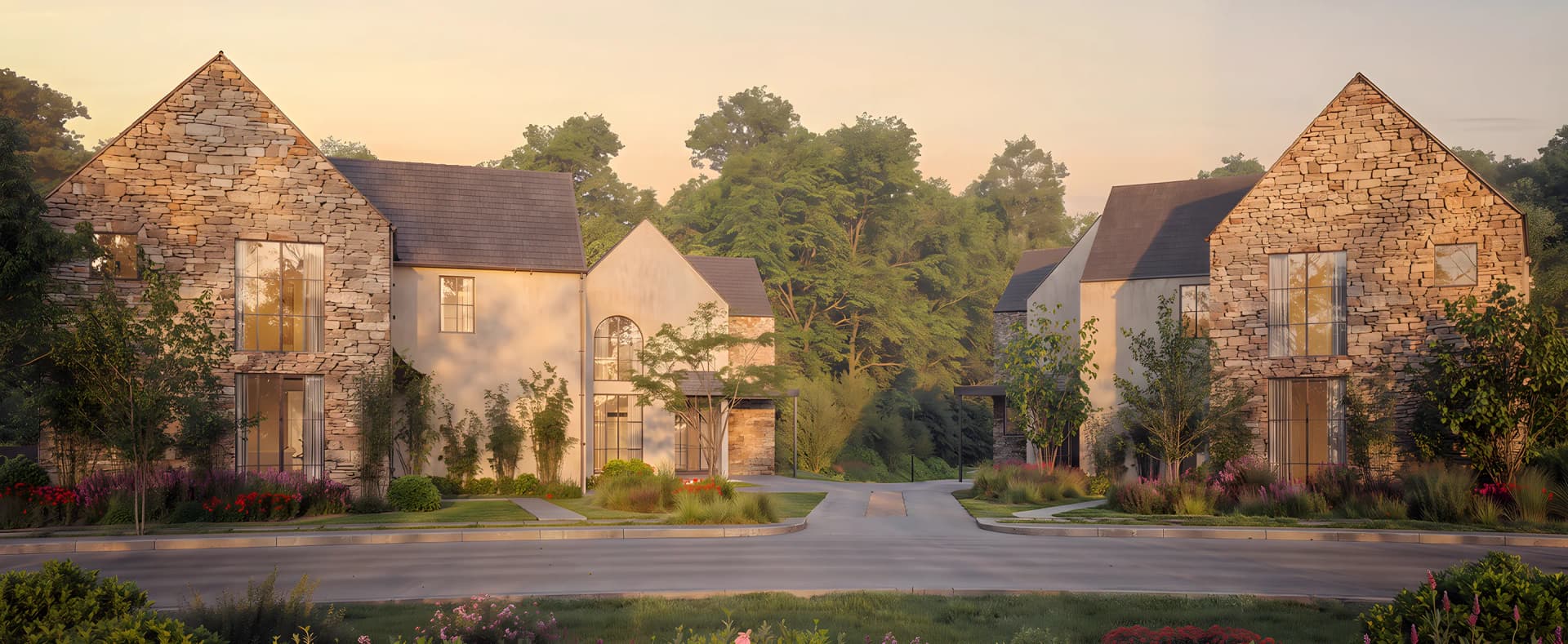 The Emerald Forest cul-de-sac at golden hour, four gabled stone homes among layered planting.